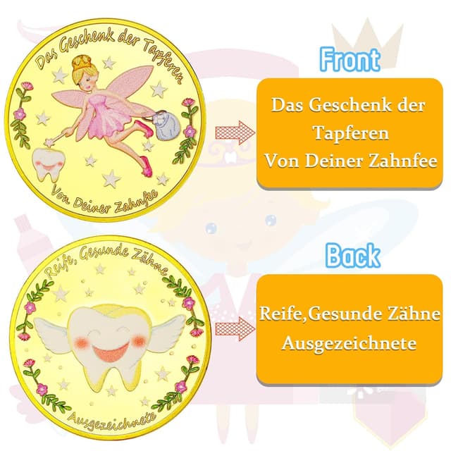 Detalle de VEEKAY Zahnfee Münzen (10 Stück) – bunte Goldmünzen als Geschenk für Kinder