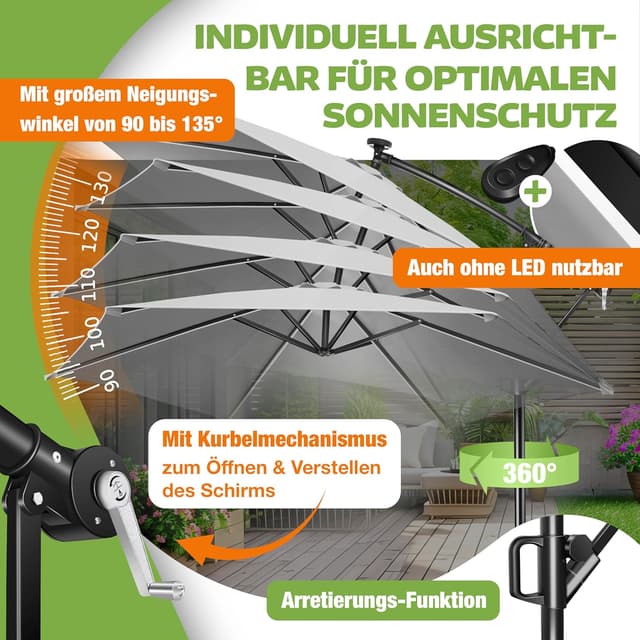 Detalle de KESSER® Alu Ampelschirm LED Solar mit 24 LEDs, Solar, Kurbel und 360° Drehfunktion inkl. Abdeckung & Fernbedienung