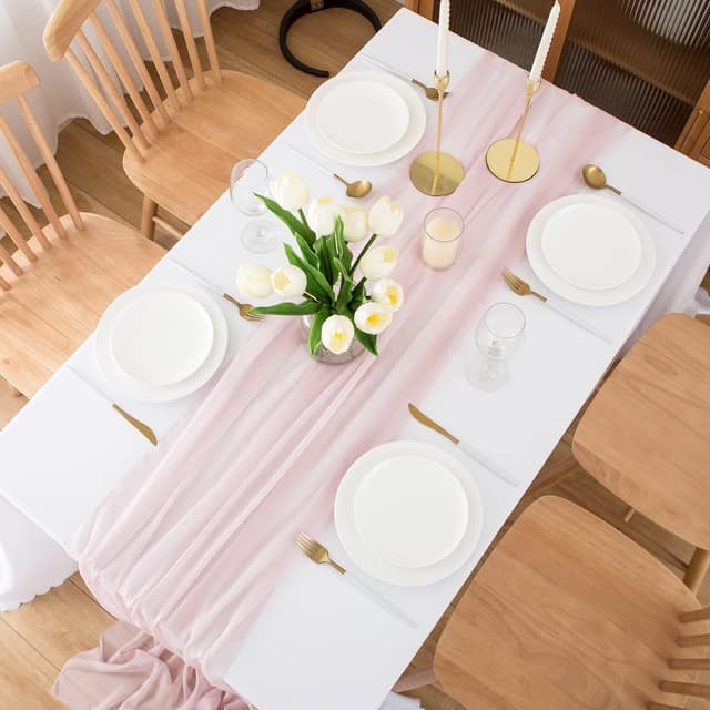 Detalle de CHUQING Chiffon-Tischläufer 70 x 300 cm in Rosa für Hochzeit, Events & Dinner