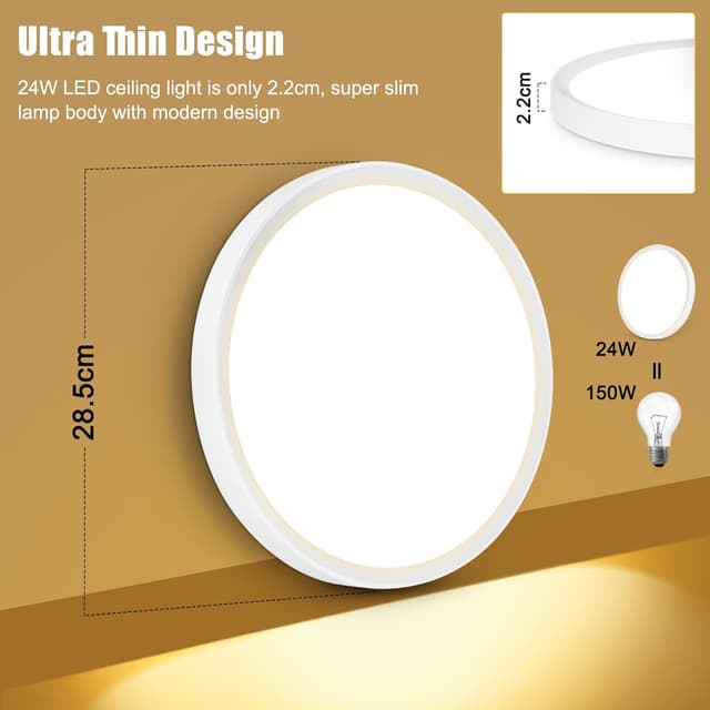 Detalle de Befurglor 24W LED Ceiling Light Ø 28.5cm (3000K Warm White, 2200lm) – IP44 flush mount for bathroom & kitchens
