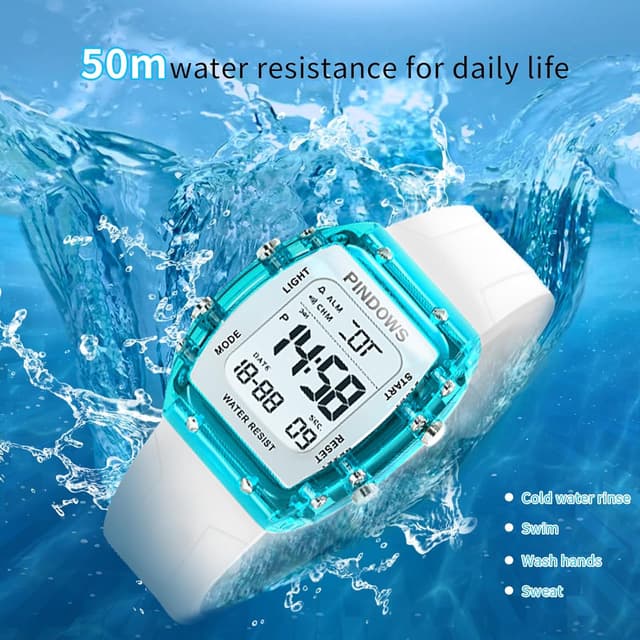 Detalle de PINDOWS Digitale Sportuhr für Damen mit transparentem Gehäuse, LED-Hintergrundlicht & 5 ATM Wasserdicht