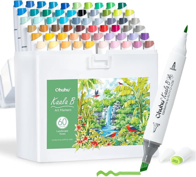 Detalle de Ohuhu Kaala B Series Alcohol Markers (60+1) – Mini Brush & Slim Broad Dual Tips