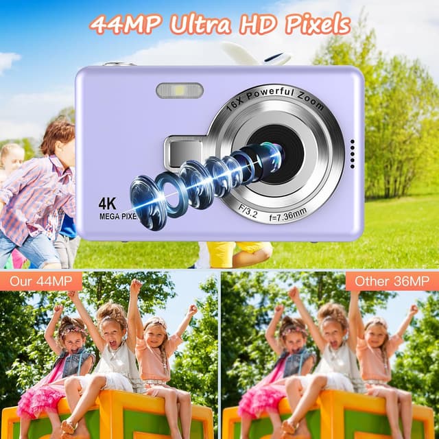 Detalle 2 de 1080P FHD Digital Camera (44MP) with 2.4" LCD, 16X Digital Zoom & 32GB SD Card – Compact Vlogging Camera for Kids & Beginners (Purple)
