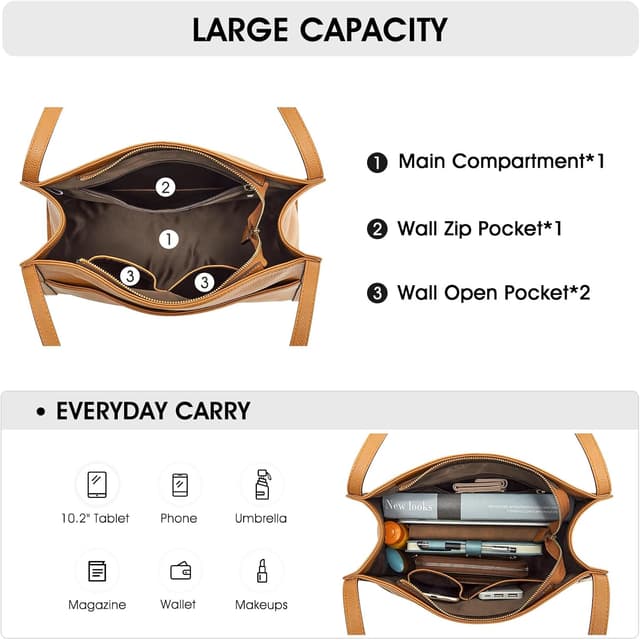 Detalle 2 de Kattee Soft Genuine Leather Tote Bag for Women – Hobo Shoulder Purse Handbag for Work, Travel & Shopping