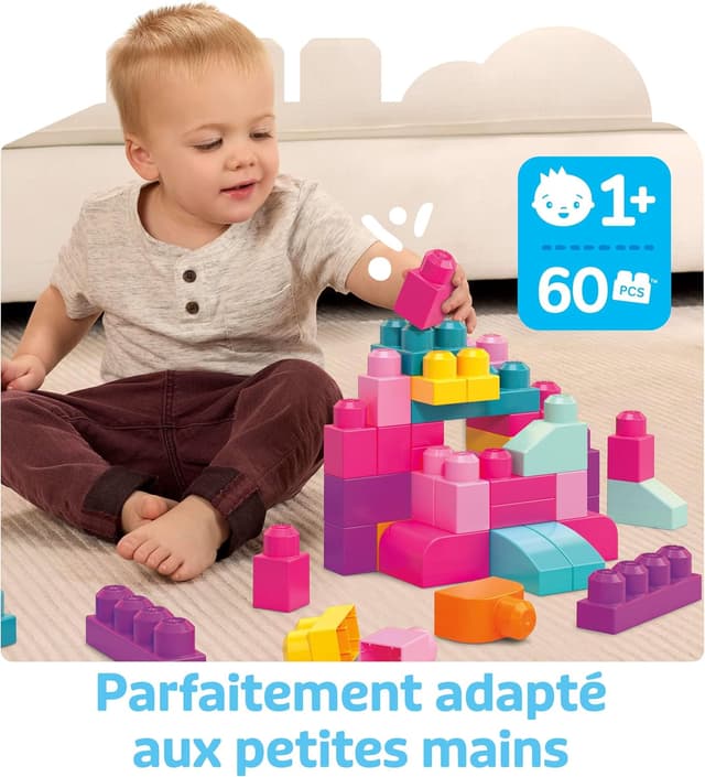Detalle 2 de Mega Bloks DCH54 – Grand sac de construction rose, 60 blocs empilables (à partir de 1 an)