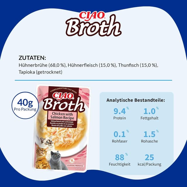 Detalle 2 de INABA Ciao Broth Nassfutter für Katzen ohne Getreide und Zucker, 28% Hühnerfleisch (40 g, 12er Pack)