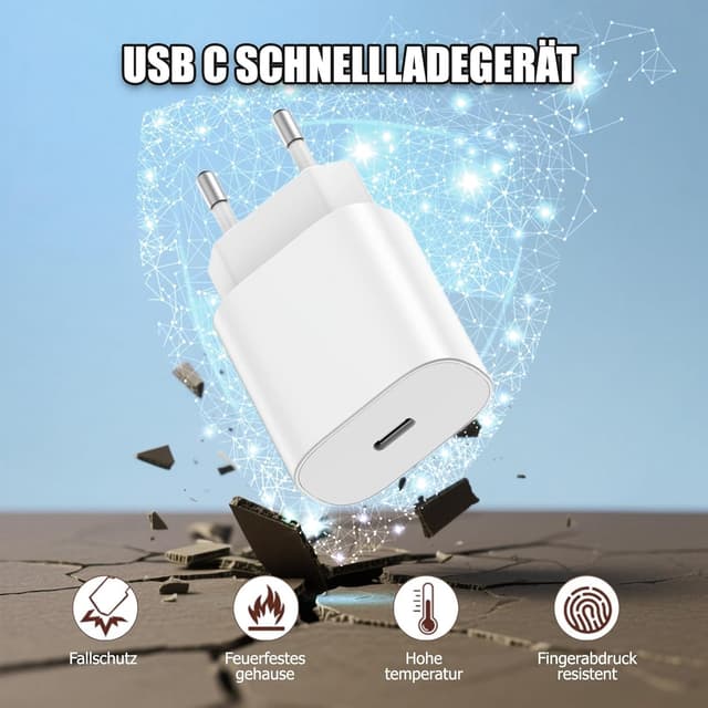 Detalle de Chargeur rapide USB‑C 25W pour iPhone 17/16/15 et iPad (avec câble USB‑C 2 m) – Chargeur mural PD