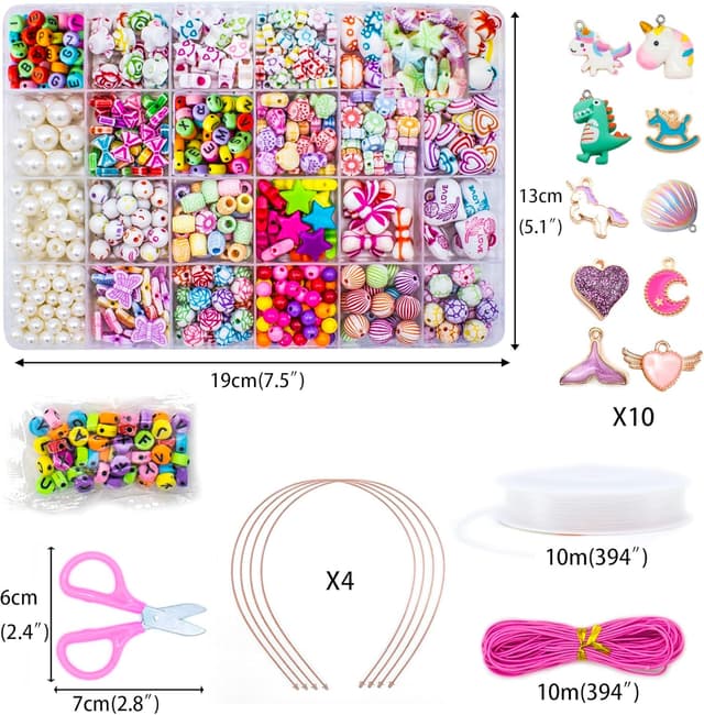 Detalle de WONDERFORU Perlen zum Auffädeln Kinder-Schmuck-Set (24 Farben & Formen) – DIY für Freundschaftsarmbänder und Ketten