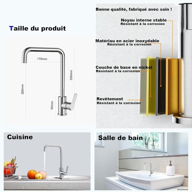 Detalle 2 de Robinet d’évier de cuisine à poignée unique XWIHTR pivotant 360° en acier inoxydable SUS304