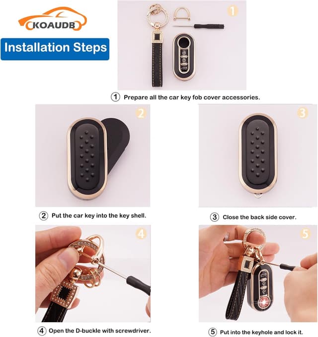 Detalle 2 de Koaudb Autoschlüssel Hülle Cover für Fiat 500 & Lancia (TPU + Lederanhänger), 3-Tasten