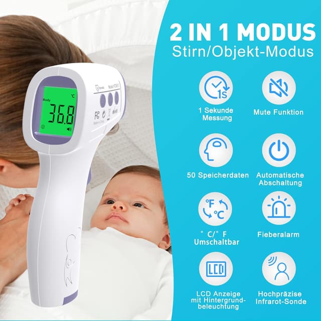 Detalle de hetaida Fieberthermometer kontaktloses Infrarot-Stirnthermometer für Baby, Kinder & Erwachsene – mit Fieberalarm, LCD & 50 Speicherplätzen