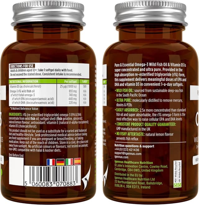 Thumbnail 6 de Igennus Omega-3 Wildfischöl mit D3 1000 IE (rTG) – 60 Portionen, 1-mal täglich