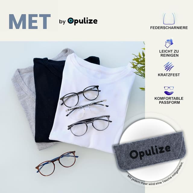 Detalle de OPULIZE MET Bluelight-Lesebrille (schmal, rund) mit Federscharniere – 3er- und 4er-Pack, inkl. Etui, Grad +3,50