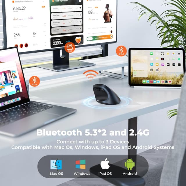 Detalle de MEETION ergonomische vertikale Bluetooth-Maus mit Dual-Mode (2,4 GHz & Bluetooth 5.3) und 3-Geräte-Kopplung