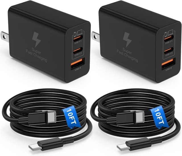 Detalle de 100W USB-C Super Fast Charger Block (Dual Port) with 10ft USB-C to USB-C Cable — 2 Pack Charging Station