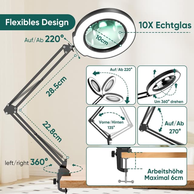 Thumbnail 6 de TYEE 10X Lupenlampe mit Licht und Klemme (5 Farbmodi, stufenlos dimmbar) – Schwarz