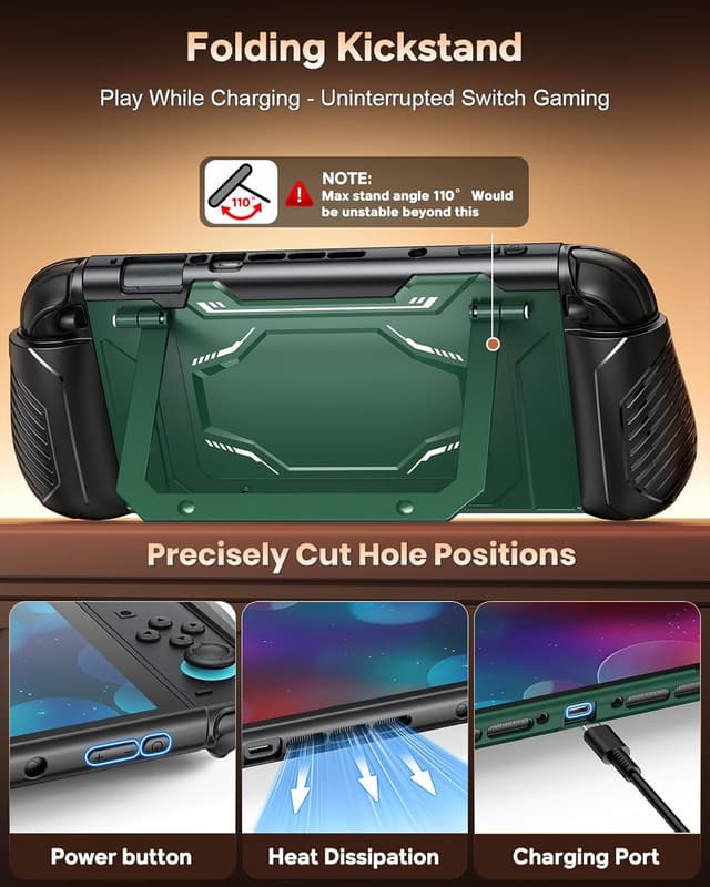 Detalle de FYOUNG Dockable Switch 2 Case with Adjustable Kickstand, Shockproof Hard Shell (Green)