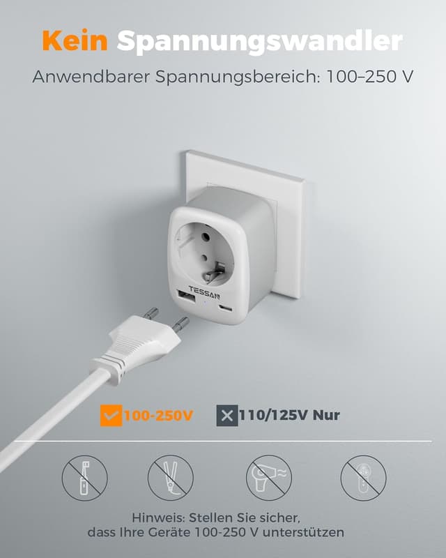Thumbnail 6 de TESSAN Italien-Reiseadapter mit USB, 4000 W