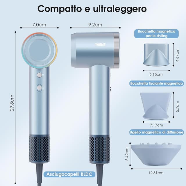 Thumbnail 6 de YASHE Asciugacapelli ionico con motore brushless 110.000 g/min, 1600W e accessori styling (1 diffusore + 2 concentratori)