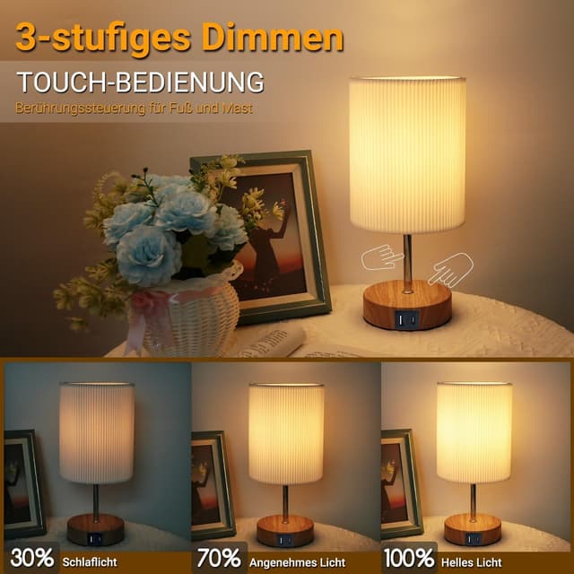 Detalle de HSLighting Touch-dimmbare Nachttischlampe mit USB A+C Schnellladen (E14 LED, 3 Helligkeitsstufen) – 2er-Set