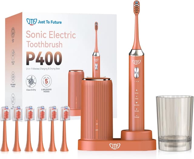 Detalle de JTF Brosse à dents électrique sonique avec station UV et séchage, 5 modes, 6 têtes de rechange