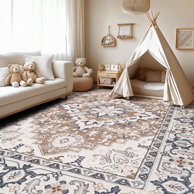 Detalle de Lofus 8x10 Washable Vintage Boho Area Rug (Low Pile, Non-Slip) — Floral Brown