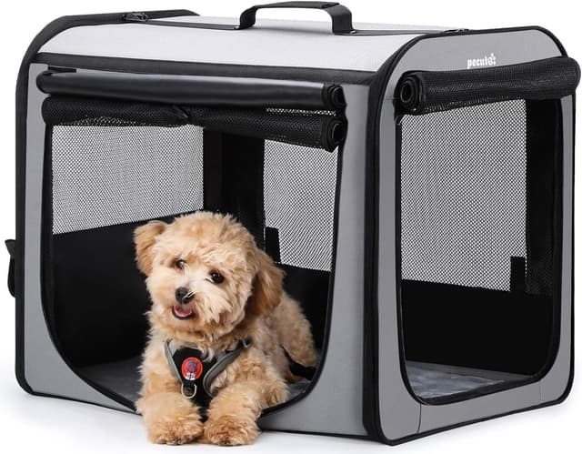 Detalle de Portable Dog Car Carrier Crate with Breathable Windows (61×45×52cm) – Foldable Grey Travel Crate
