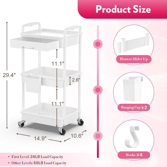 Detalle 2 de SUNALLY Makeup Cart Organizer with Drawers 3-Tier