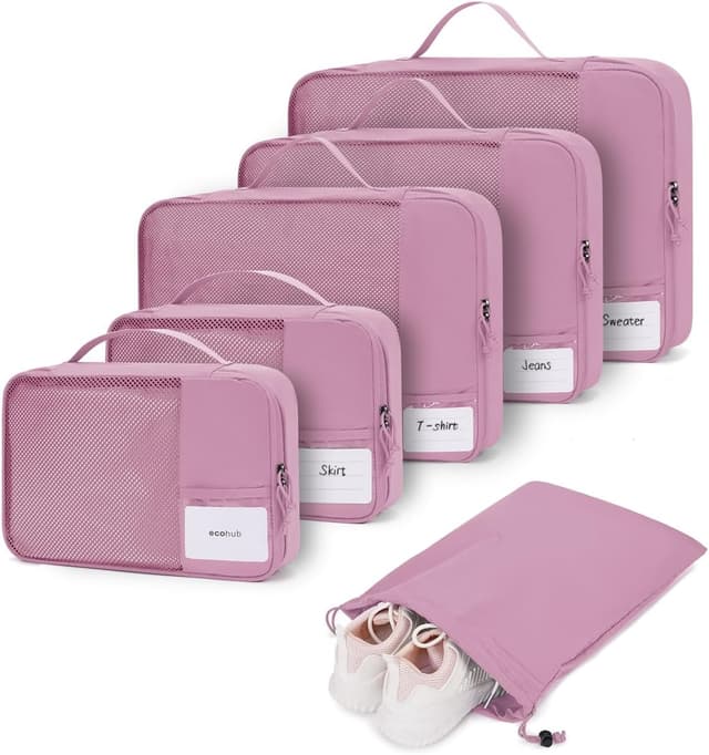 Detalle de ECOHUB Organizer valigia 6 pezzi con tasca etichetta e tessuto ripstop (rosa)