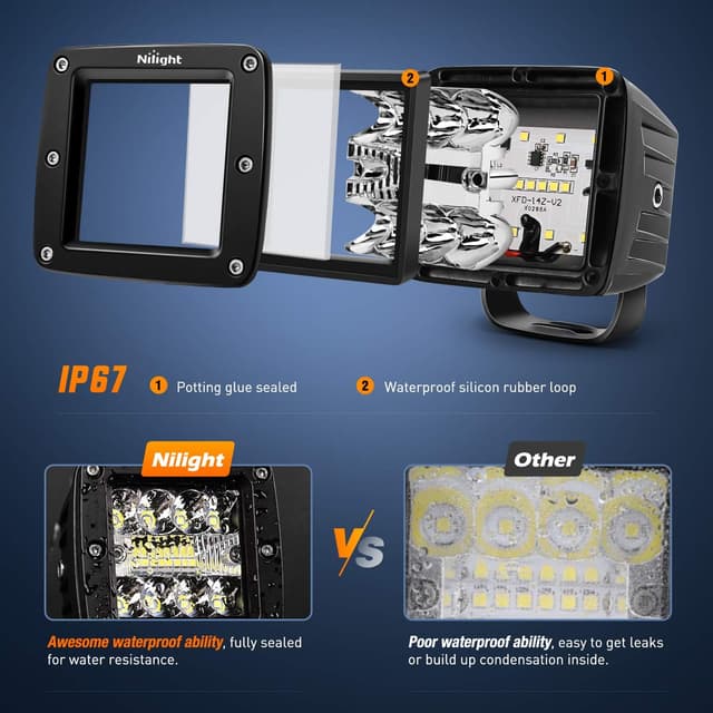 Detalle de Nilight 2PCS 3-Inch 42W LED Pod Cubes Upgraded Spot/Flood Combo Beam (IP67) with 12 ft Wiring Harness Kit