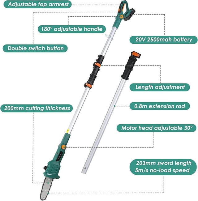Detalle 2 de Cordless Pole Pruner 20V Li-ion Telescopic Pole Saw with 2.5Ah Battery, 200mm Blade and 5m/s Chain Speed