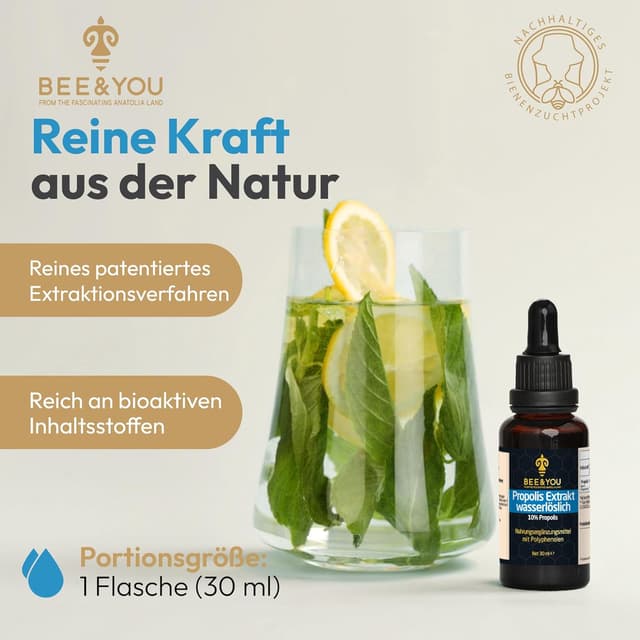 Detalle 2 de BEE&YOU Propolis Tinktur Tropfen 10% (30 ml), alkoholfrei & wasserlöslich