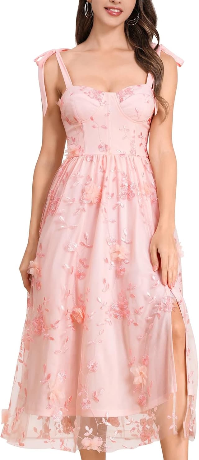 Detalle de OMEWEE Corset Midi Dress with Floral Bustier Detail – Spaghetti Strap Floral Wedding Guest Dress