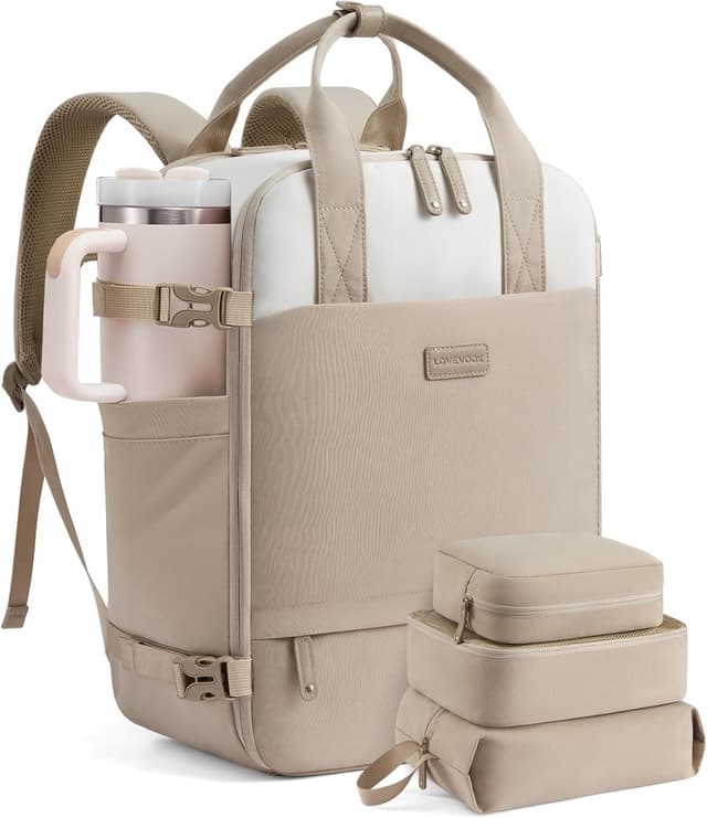 Detalle de LOVEVOOK Reiserucksack Damen groß als Handgepäck mit 15,6-Zoll-Laptopfach und 180°-Öffnung (Beige Khaki)