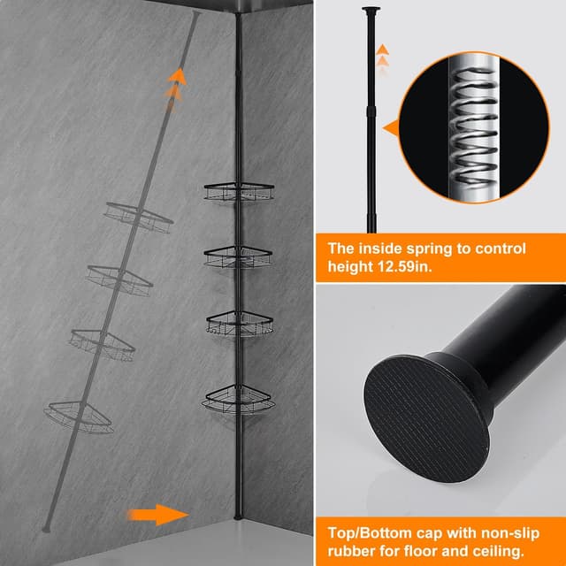 Thumbnail 4 de Wopeite étagère de douche télescopique réglable 73-265 cm sans perçage, 4 paniers en acier inoxydable, noir
