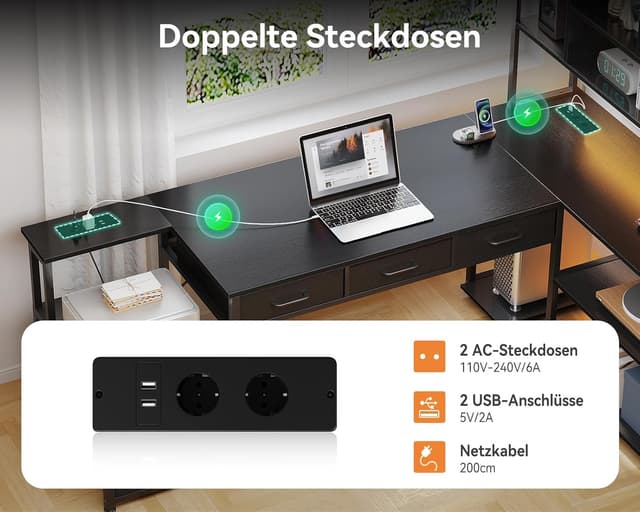 Thumbnail 6 de Coleshome Eckschreibtisch mit 5 Schubladen, 4 Regalen, LED & Steckdosen/USB (L-Form, 200×110 cm) – Schwarz
