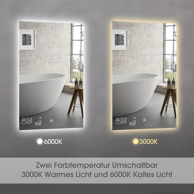 Detalle de Byecold specchio da bagno 100 x 60 cm senza cornice con LED, sensore touch e display meteo