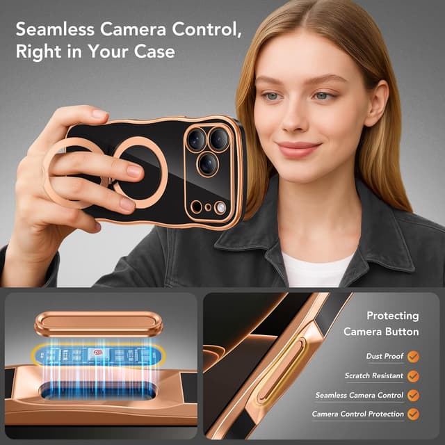 Detalle de GolbinBox Magnetic iPhone 17 Pro Max Case with 360° Spin Stand (MagSafe, Camera Protection, 18FT Drop Protection) - Black