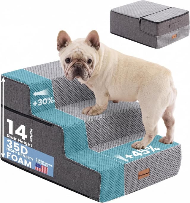 Detalle de Gardner Pet Dog Steps for Sofa (35cm H) – 3-Step Extra Wide Waterproof Ramp for Small & Medium Dogs, Grey