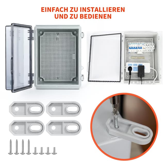 Detalle de Wasserdichte Anschlussdose IP65 Aufputz-Verteilerkasten mit ABS-Gehäuse, transparentem Deckel und Schloss (230 × 165 × 120 mm)