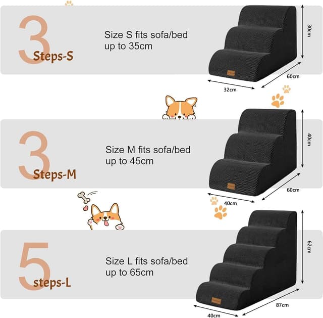 Detalle de Breiter Hundetreppe Schwarz mit 5 Stufen (62 cm hoch) für kleine Hunde – rutschfester Boden & waschbarer Bezug