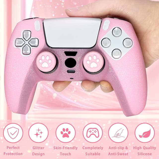Detalle 2 de Pink glitter anti-slip silicone grips cover set for PS5 (Slim/Pro) – HLRAO, 8 thumb grips caps + protective skin cover