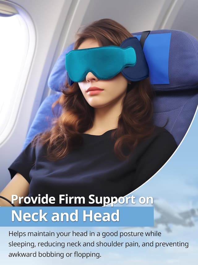 Detalle de Inspireyes travel pillow for airplanes with head strap and sleep eye mask – 360° supported headrest (Light Black)