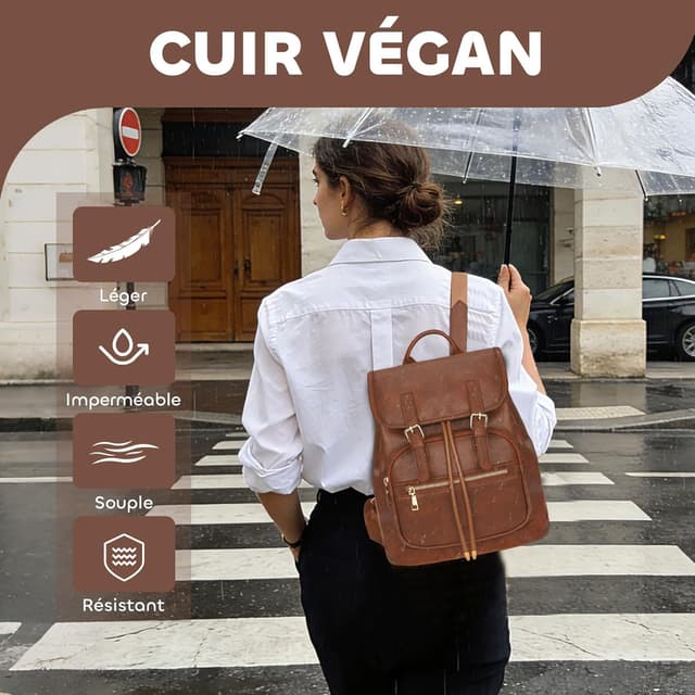 Detalle de Leathario Petit sac à dos femme en cuir vegan antivol léger