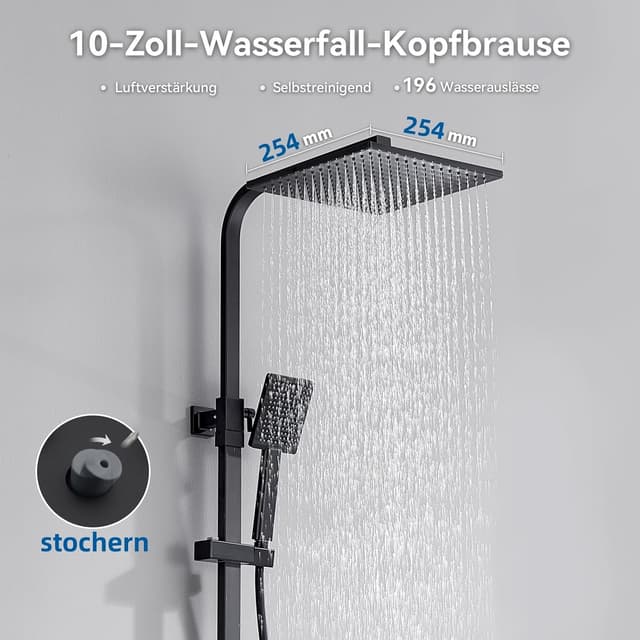 Detalle de Auralum Regendusche Komplettset mit Thermostat – schwarz, 25×25 cm Quadratrose, höhenverstellbare Edelstahl-Duschstange (Messingarmatur)