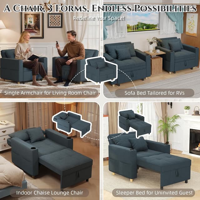 Detalle de YODOLLA 3-in-1 Convertible Sleeper Chair Bed (192cm) – Blue