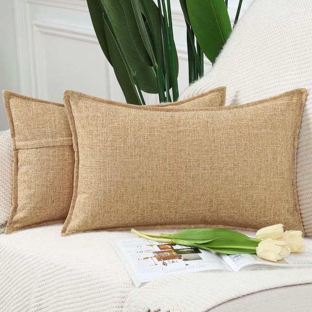 Detalle de Madizz 2er-Set Kissenbezüge aus Polyester-Leinen (Beige, 40x60 cm) mit verdecktem Reißverschluss