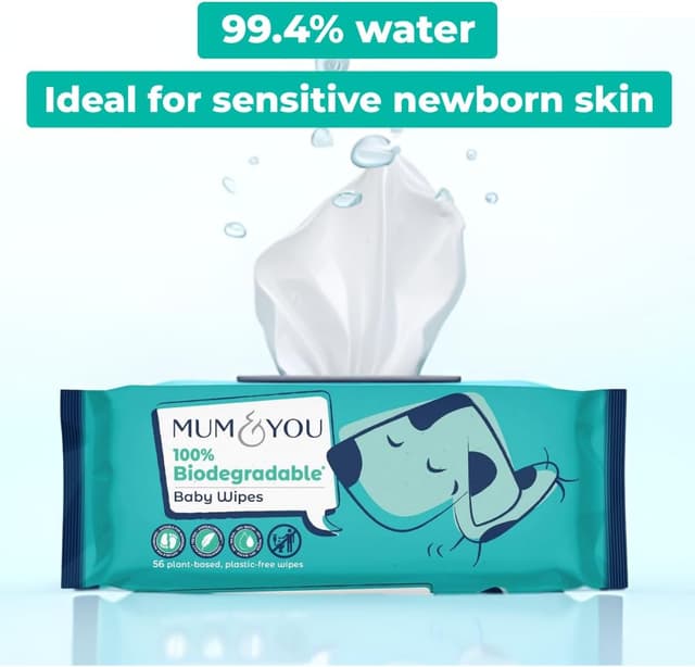Detalle de Mum & You Baby Wipes (99.4% Water) – Biodegradable, Fragrance-Free & Hypoallergenic, 336 Newborn Wipes (6 x 56)
