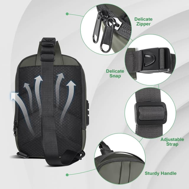 Detalle 2 de Geestock Anti-Theft Men’s Sling Bag with Password Lock, Waterproof Crossbody with USB Charging Port (PU Leather)