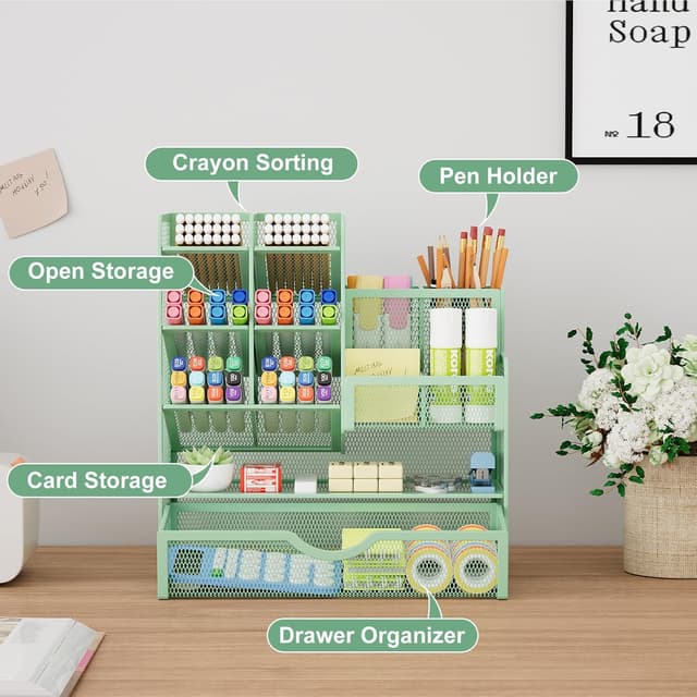 Detalle 2 de Marbrasse Netz Schreibtisch-Organizer mit Schublade (grün) – Stiftehalter & Aufbewahrung für Büro, Schule und Zuhause